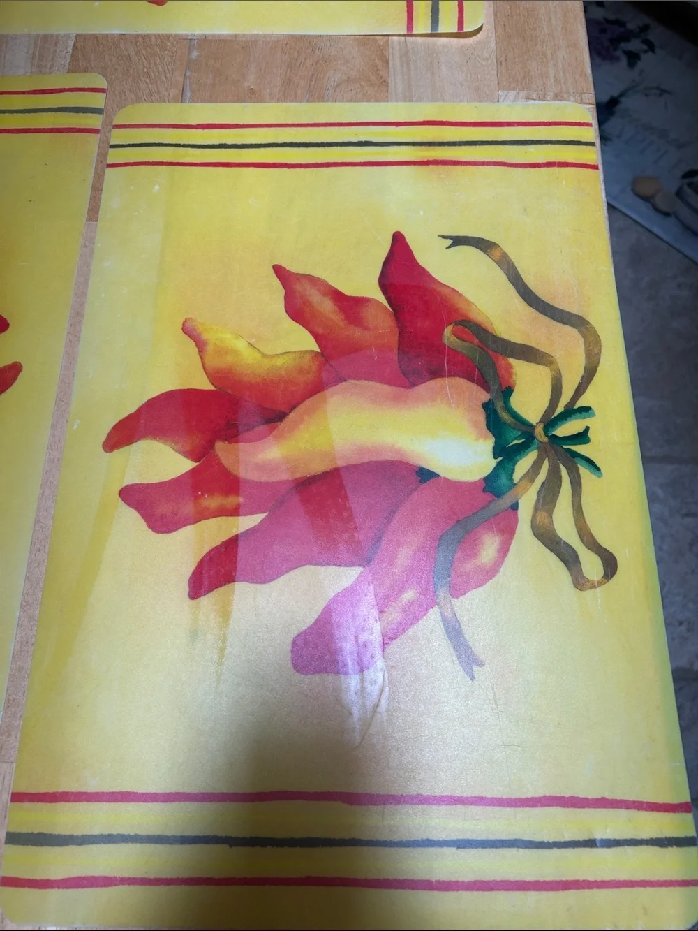 Bright Yellow Floral Plastic Wipe Off Placemat Set - Red & Green Chili 🌶️Accents